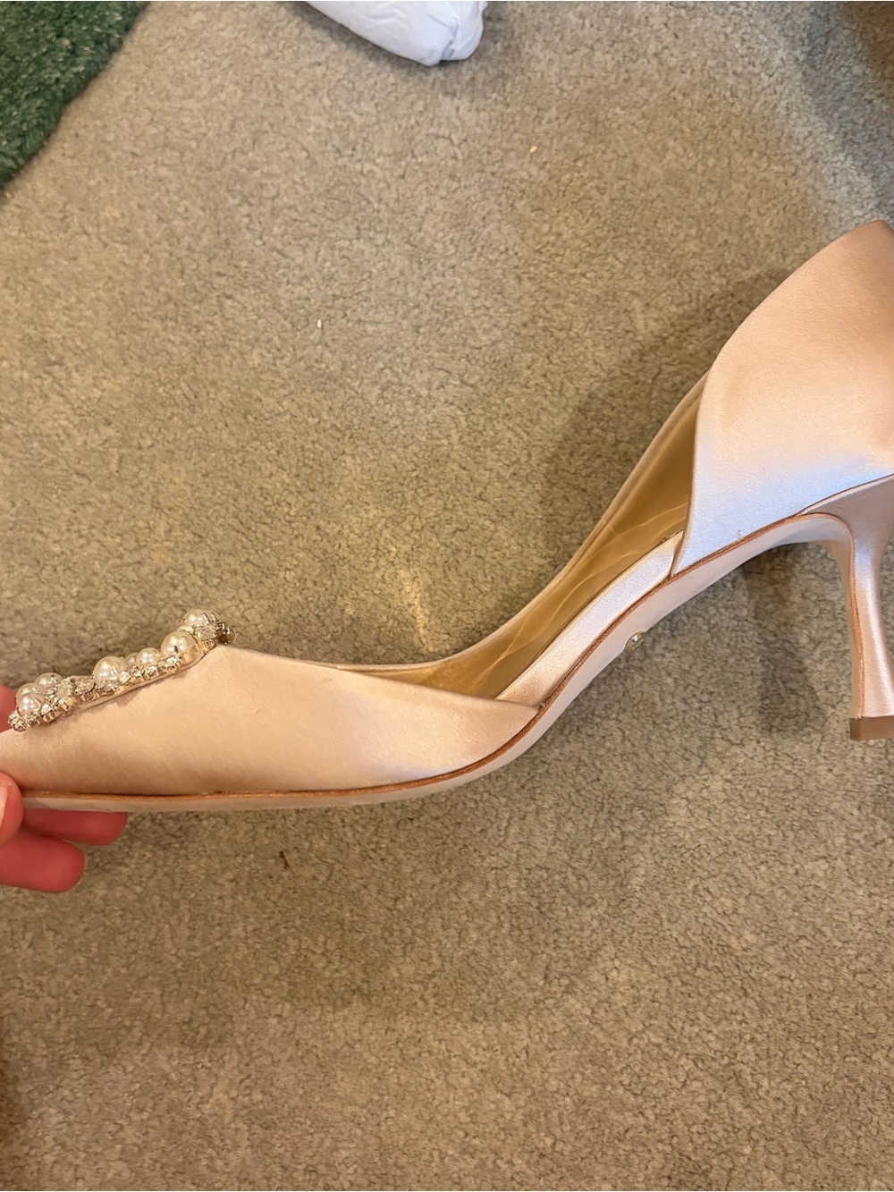 Badgley Mischka Blush Nude Satin Pointed Toe Pumps with Crystal Buckle - Picture 4 of 7